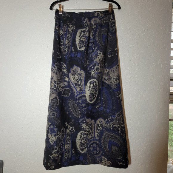 Silk Wool Geiger Collection Skirt Slit Blue Paisley Floral Maxi Design Sz 38 - Picture 2 of 7